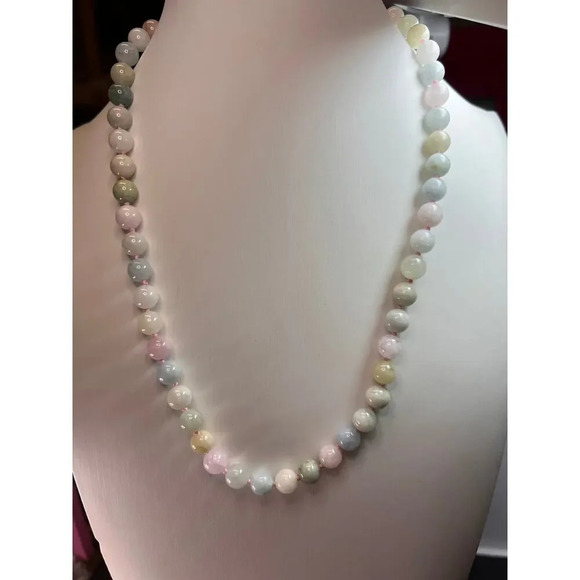 Multi beryl aquamarine morganite knotted necklace with sterling  clasp - Picture 6 of 11